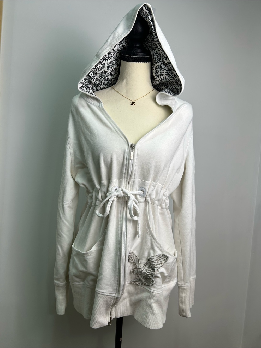 Vintage Danskin White Cinch Waist Zip Up Hoodie Lined Hood Eagle Patch Y2K